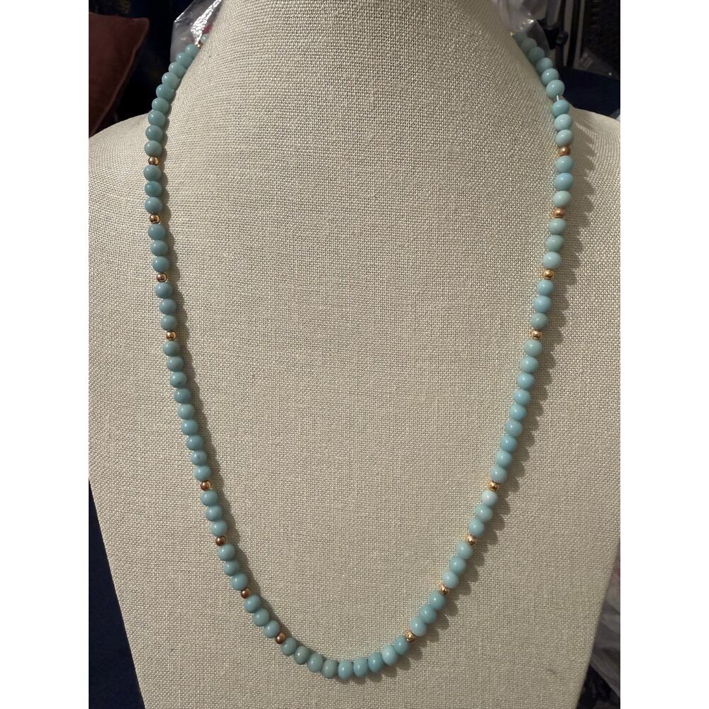 Seafoam Green Dyed Quartz Bead Necklace 26.5” Gold Tone Spacers Vintage